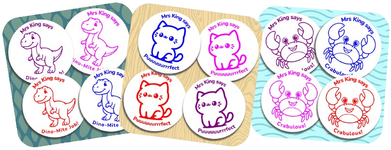 Personalised teacher reward stamps featuring dinosaur, cat, and crab designs