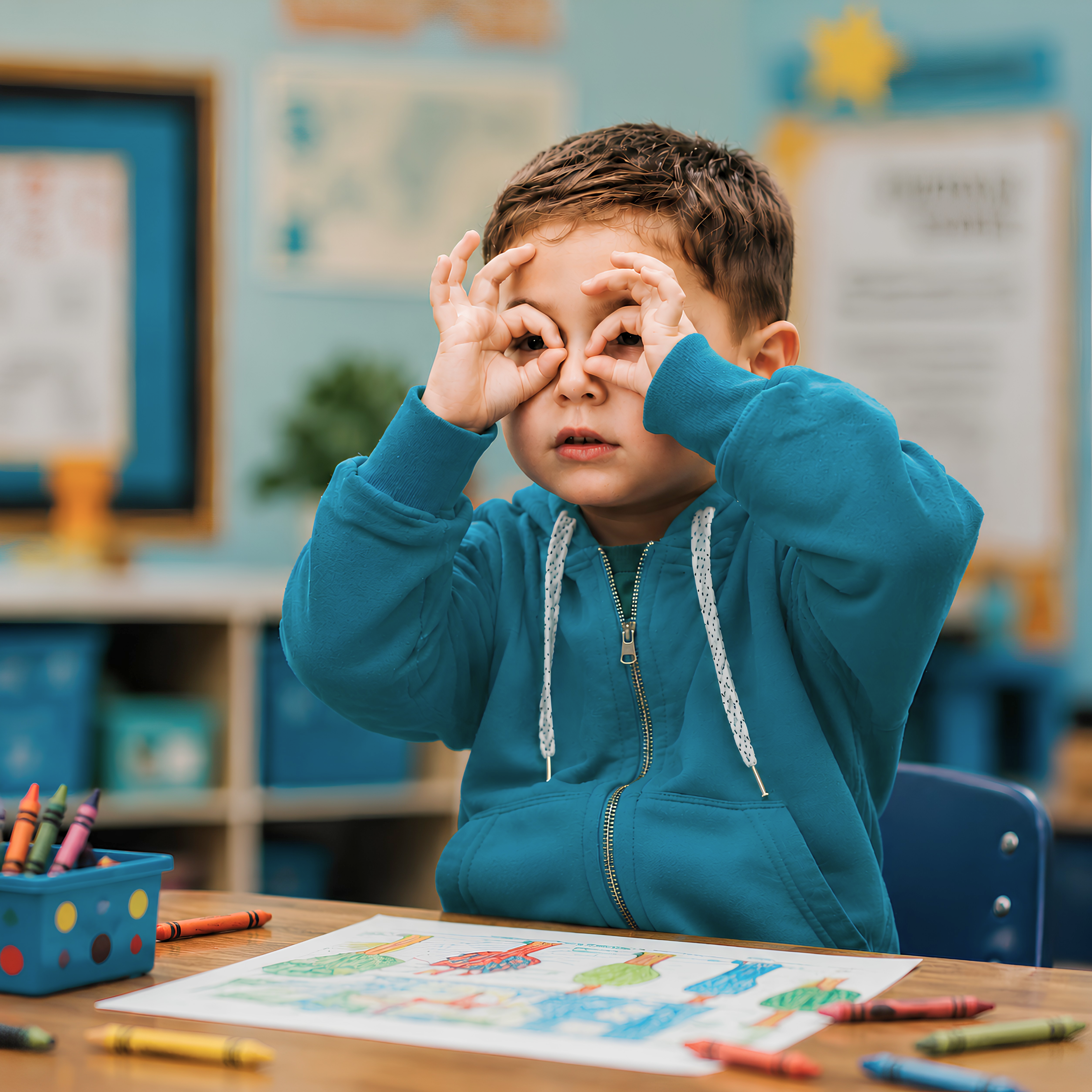 Student using stickers in a classroom
